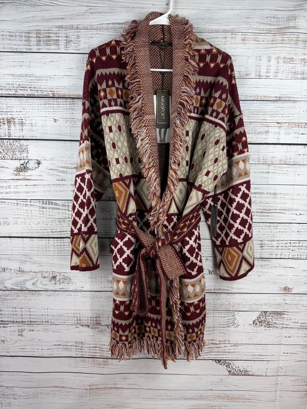 Max Sport Southwestern Boho Belted Cardigan Sweater Fringe Hippie Large NEW Rust